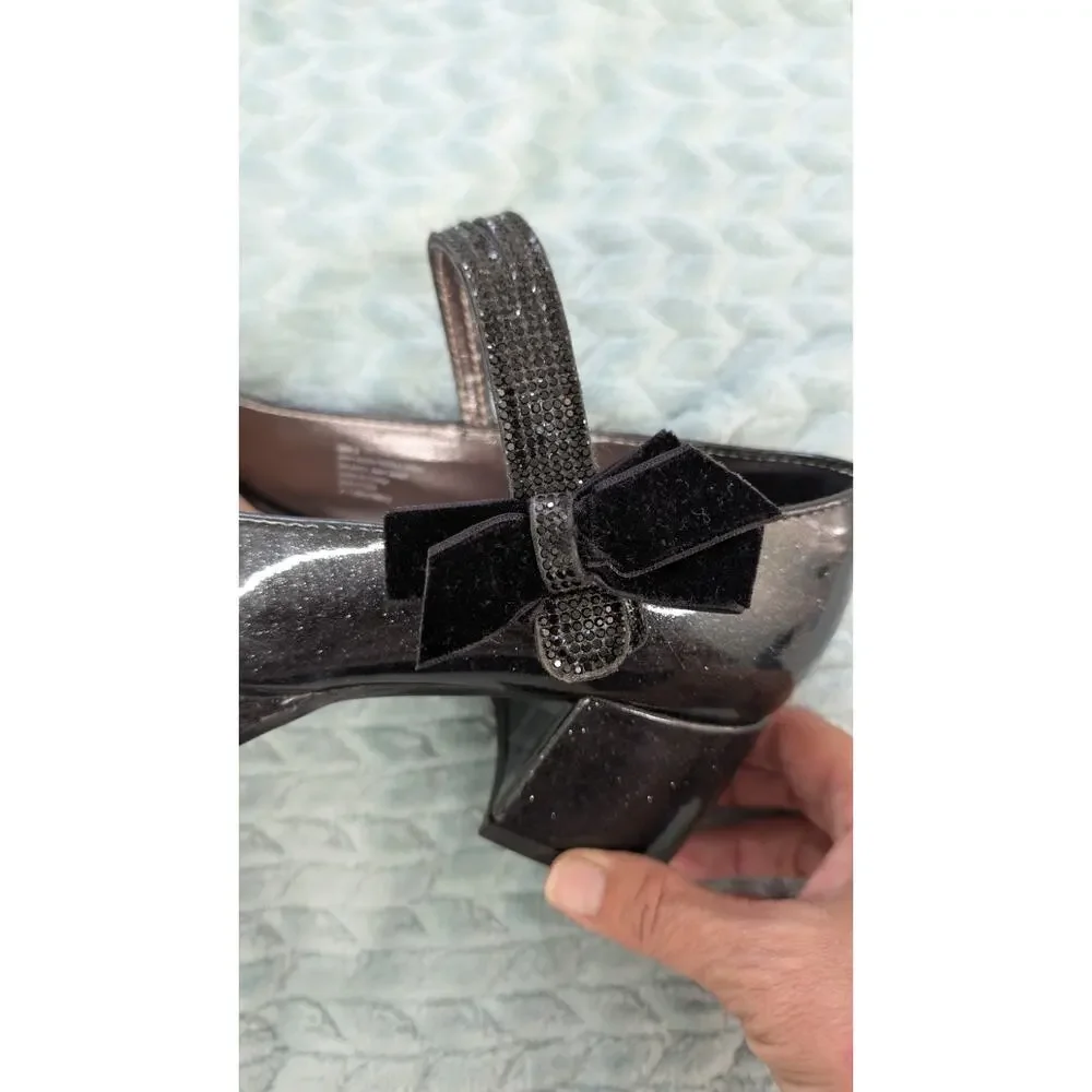 Vince Camuto Size 5 Big Kid Black Mary Jane Heels Rhinestone Bow 7 Women